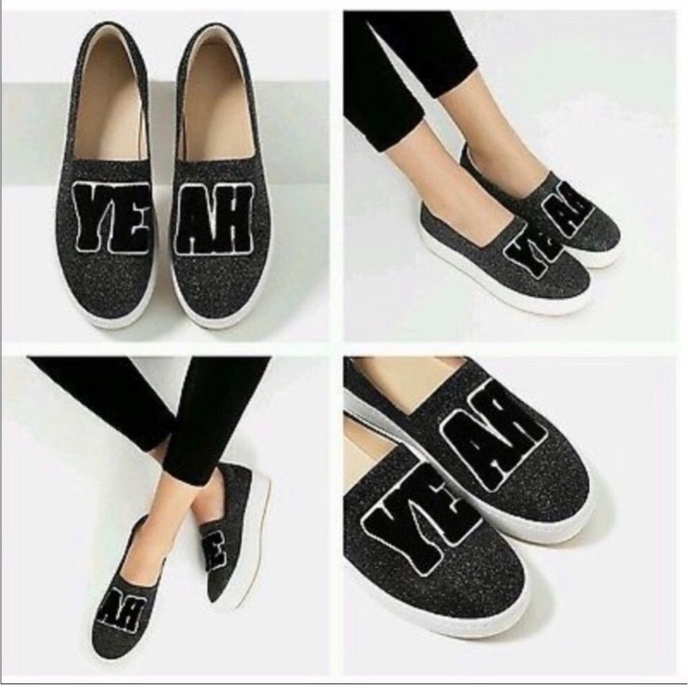 Zara 9 Sneakers YEAH Slip On Black Metallic Platform Canvas Casual Varsity Shoes